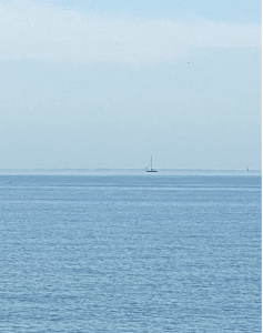 a sailboat, tiny, on the horizon.