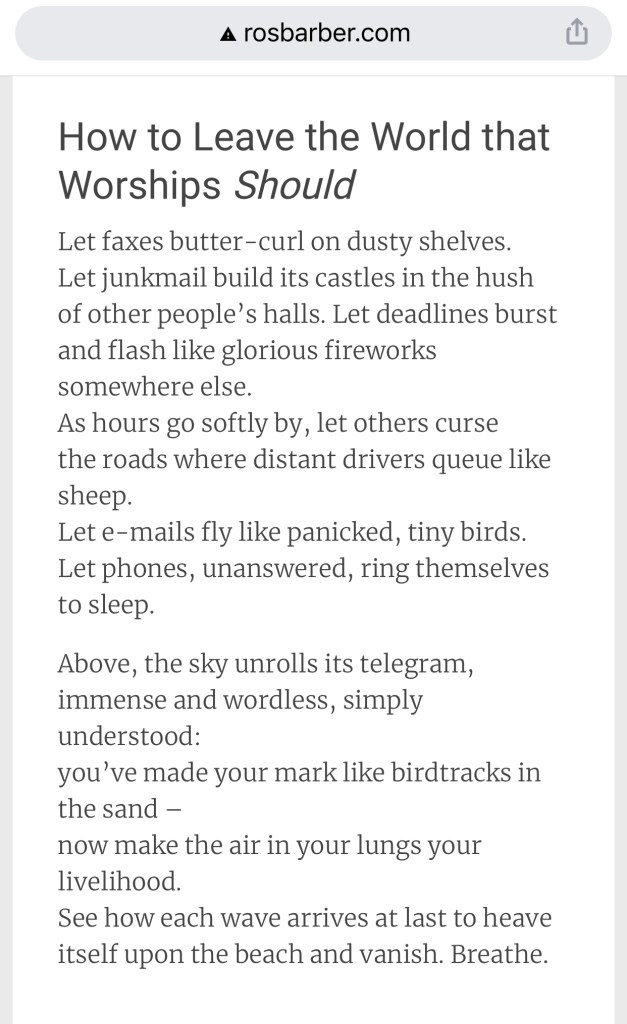 A screenshot of the poem, "How to Leave the World that Worships 'Should' by Ros Barber