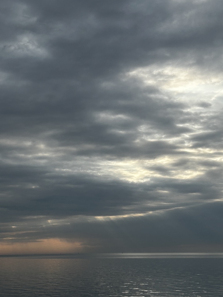 clouds, lake, light, dark,rosy at the horizon,