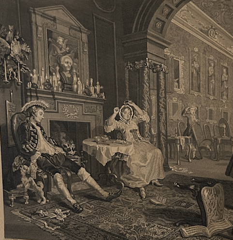 A section of a Hogarth engraving of aristocrats who have bankrupted themselves - "Marriage-A-la-Mode